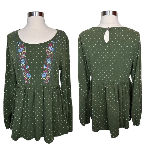 Matilda Jane Tops - Matilda Jane Green Boho Floral Embroidered Colorful Long Sleeve Blouse Top Small